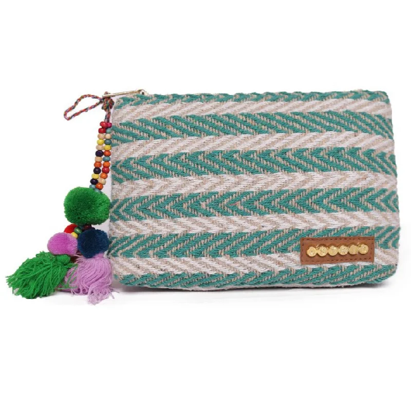 Women's Monogrammed Leather Clutch in Tan for Personalized StyleNatural/Green Colour Striped Woven Makeup/Travel Pouch With Tassels