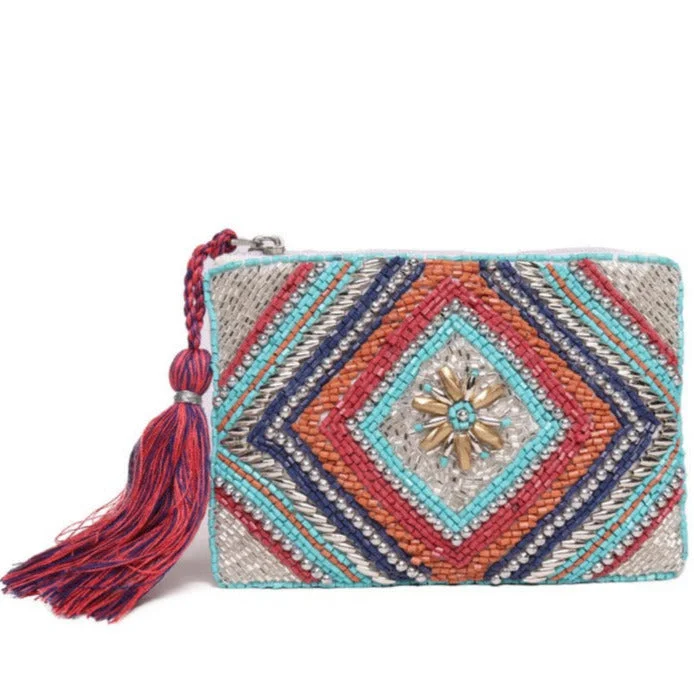Women's Monogrammed Leather Clutch in Tan for Personalized Style"White Canvas With Beading/ Make Up Pouch/Kit Small Size" Women's Monogrammed Leather Clutch in Tan for Personalized Style"White Canvas With Beading/ Make Up Pouch/Kit Small Size"