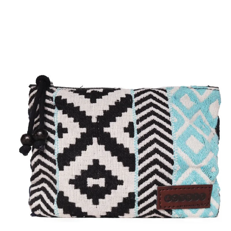 Leather Clutch with Chain Strap in Black for Cocktail Parties"Black/White/Blue Cotton Make Up Pouch/Kit Small Size" Leather Clutch with Chain Strap in Black for Cocktail Parties"Black/White/Blue Cotton Make Up Pouch/Kit Small Size"