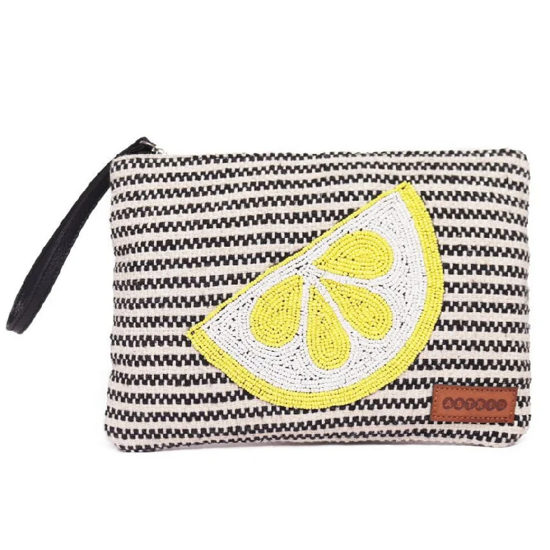 Pearl - Embellished Clutch in Cream for Bridal ShowersBlack/White Striped Woven Makeup/Travel Pouch With Wrist Handle Pearl - Embellished Clutch in Cream for Bridal ShowersBlack/White Striped Woven Makeup/Travel Pouch With Wrist Handle
