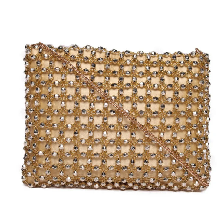 Leather Clutch with Chain Strap in Black for Cocktail PartiesGolden Beaded Clutch With Metal Chain Strap Leather Clutch with Chain Strap in Black for Cocktail PartiesGolden Beaded Clutch With Metal Chain Strap