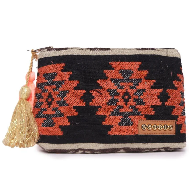 Women's Small Beaded Clutch in Silver for New Year's Eve PartyBlack /Orange Colour Striped Woven Makeup/Travel Pouch With Tassels Women's Small Beaded Clutch in Silver for New Year's Eve PartyBlack /Orange Colour Striped Woven Makeup/Travel Pouch With Tassels