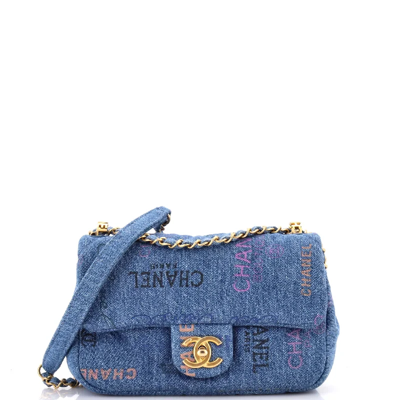 Women's Crossbody Bag with RFID - Blocking Pocket in Black for Safe TravelDenim Mood Flap Bag Logo Printed Quilted Denim Small Women's Crossbody Bag with RFID - Blocking Pocket in Black for Safe TravelDenim Mood Flap Bag Logo Printed Quilted Denim Small