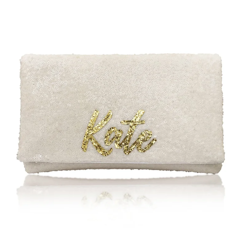 Women's Metallic Leather Clutch in Rose Gold for Valentine's DateIvory sequin personalised bridal wedding day clutch