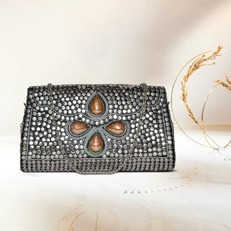 Leather Clutch with Chain Strap in Black for Cocktail PartiesMosaic Designer Metal Clutch | Silver