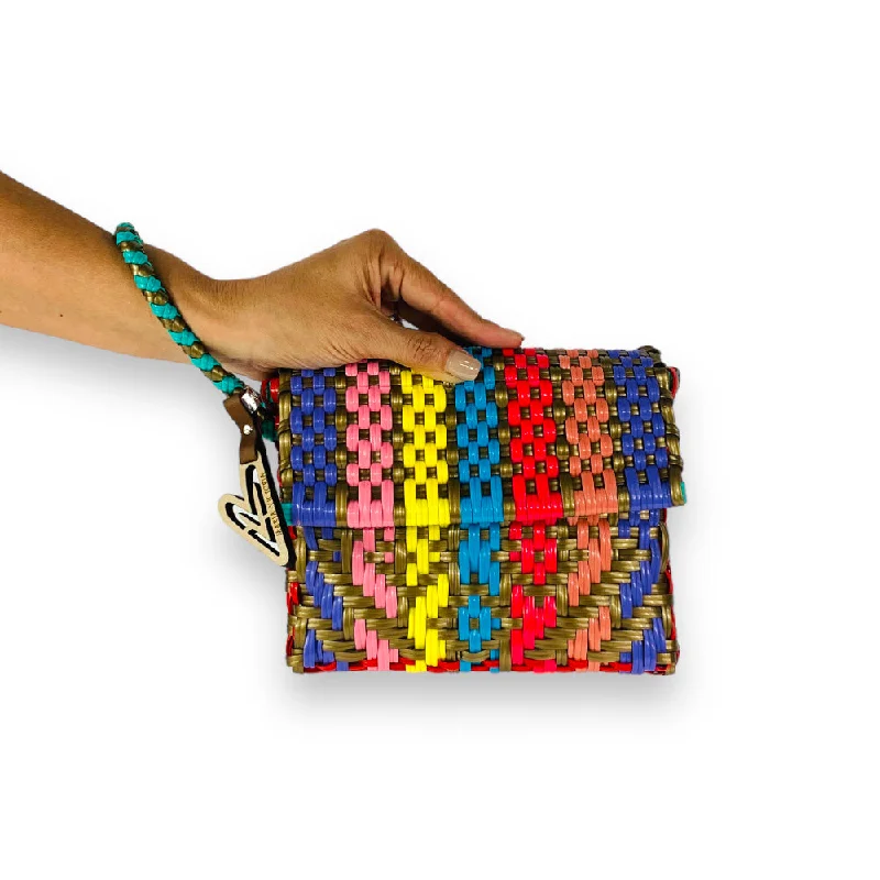 Geometric - Patterned PVC Evening Bag in Multicolor for Trendy Nights OutMaria Victoria | Oasis CA | Upcycled, Handwoven, Wristlet Geometric - Patterned PVC Evening Bag in Multicolor for Trendy Nights OutMaria Victoria | Oasis CA | Upcycled, Handwoven, Wristlet