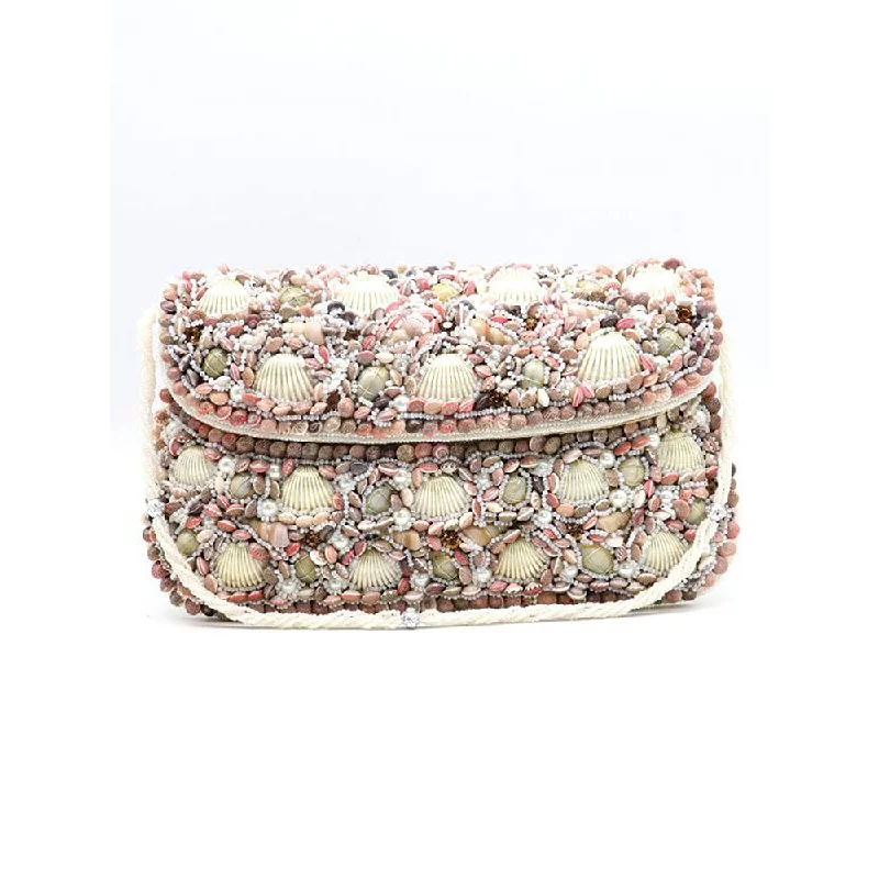 Lace - Trimmed Satin Clutch in Ivory for Garden WeddingsOdette Beige Shell Clutch