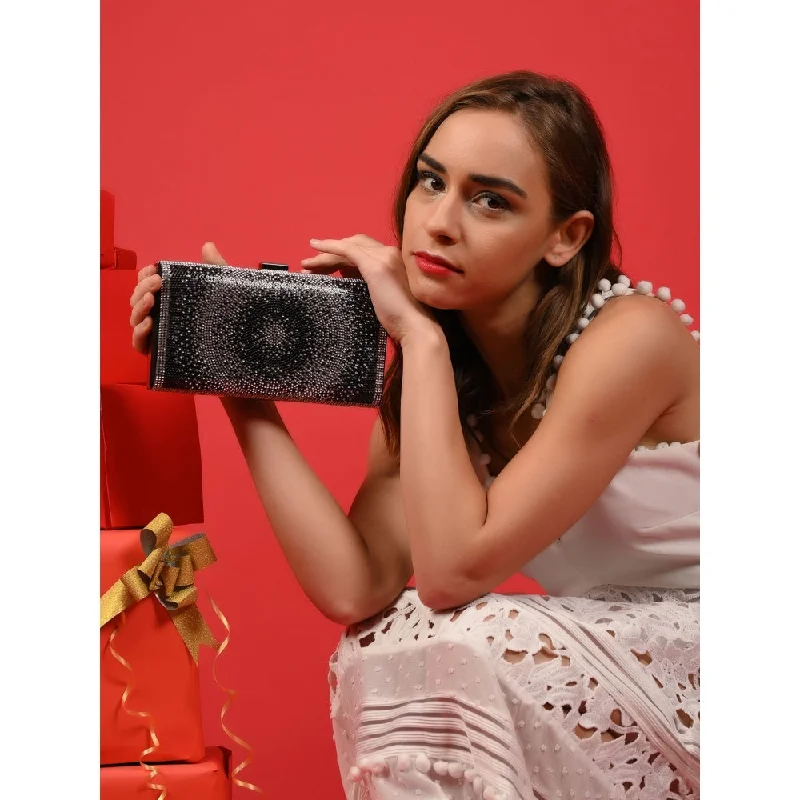 Mirrored Clutch in Silver for Futuristic - Themed GatheringsOdette Black Embellished Clutch Mirrored Clutch in Silver for Futuristic - Themed GatheringsOdette Black Embellished Clutch