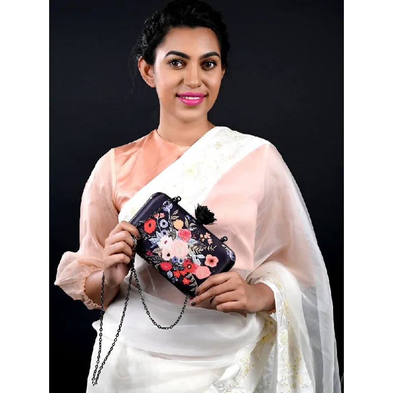 Quilted Leather Evening Bag in Gray for Sophisticated EventsOdette Black Floral Print Elegant Box Clutch Quilted Leather Evening Bag in Gray for Sophisticated EventsOdette Black Floral Print Elegant Box Clutch