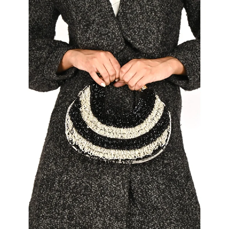 Quilted Leather Evening Bag in Gray for Sophisticated EventsOdette Black & Silver Tasselled Moon Clutch for Women Quilted Leather Evening Bag in Gray for Sophisticated EventsOdette Black & Silver Tasselled Moon Clutch for Women