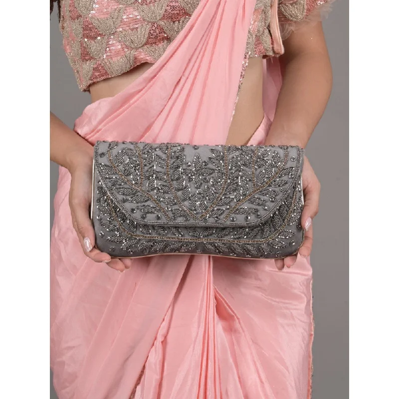 Suede Clutch with Tassel Details in Olive for Fall SoireesOdette Grey Beads Embroidered Clutch with Detachable Sling for Women (Set of 2) Suede Clutch with Tassel Details in Olive for Fall SoireesOdette Grey Beads Embroidered Clutch with Detachable Sling for Women (Set of 2)