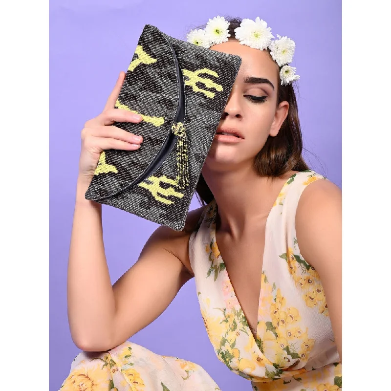 Women's Studded Leather Evening Bag in Black for Rock - n - Roll NightsOdette Grey Camouflage Beaded Attractive Envelope Clutch Women's Studded Leather Evening Bag in Black for Rock - n - Roll NightsOdette Grey Camouflage Beaded Attractive Envelope Clutch
