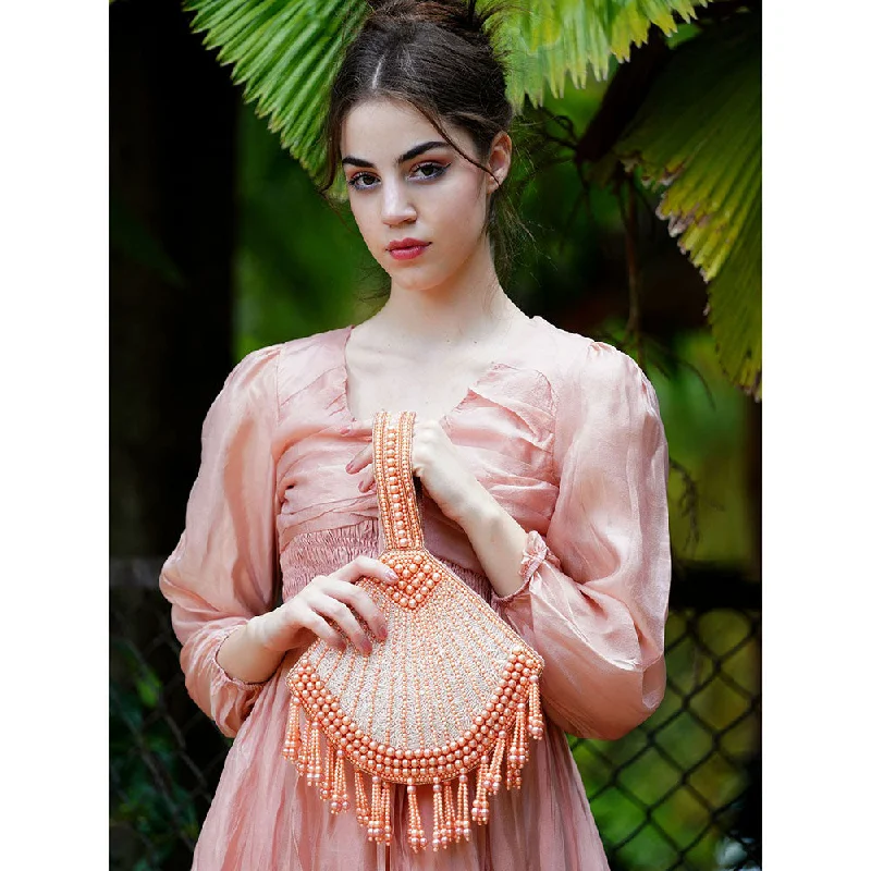 Suede Clutch with Tassel Details in Olive for Fall SoireesOdette Peach Fan Shaped Pearl Bag Suede Clutch with Tassel Details in Olive for Fall SoireesOdette Peach Fan Shaped Pearl Bag