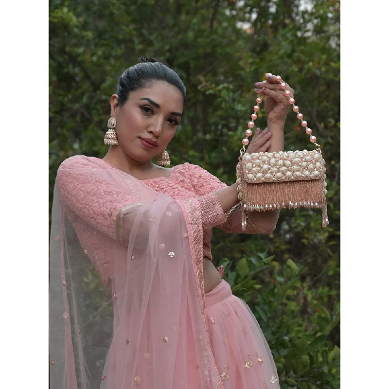 Leather Clutch with Chain Strap in Black for Cocktail PartiesOdette Peach Heavily Beads Embellished Clutch For Women Leather Clutch with Chain Strap in Black for Cocktail PartiesOdette Peach Heavily Beads Embellished Clutch For Women