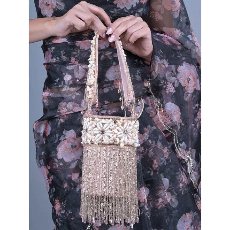 Mirrored Clutch in Silver for Futuristic - Themed GatheringsOdette Peach Shell and Beads Embroidered Cylindrical Tassels Clutch for Women Mirrored Clutch in Silver for Futuristic - Themed GatheringsOdette Peach Shell and Beads Embroidered Cylindrical Tassels Clutch for Women