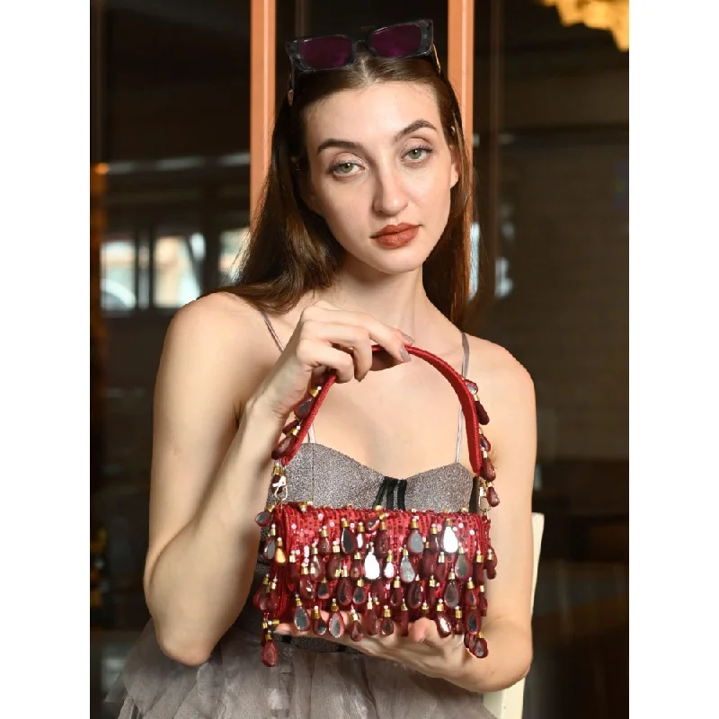 Leather Clutch with Chain Strap in Black for Cocktail PartiesOdette Red Clutch Embellished with Mirror for Women Leather Clutch with Chain Strap in Black for Cocktail PartiesOdette Red Clutch Embellished with Mirror for Women