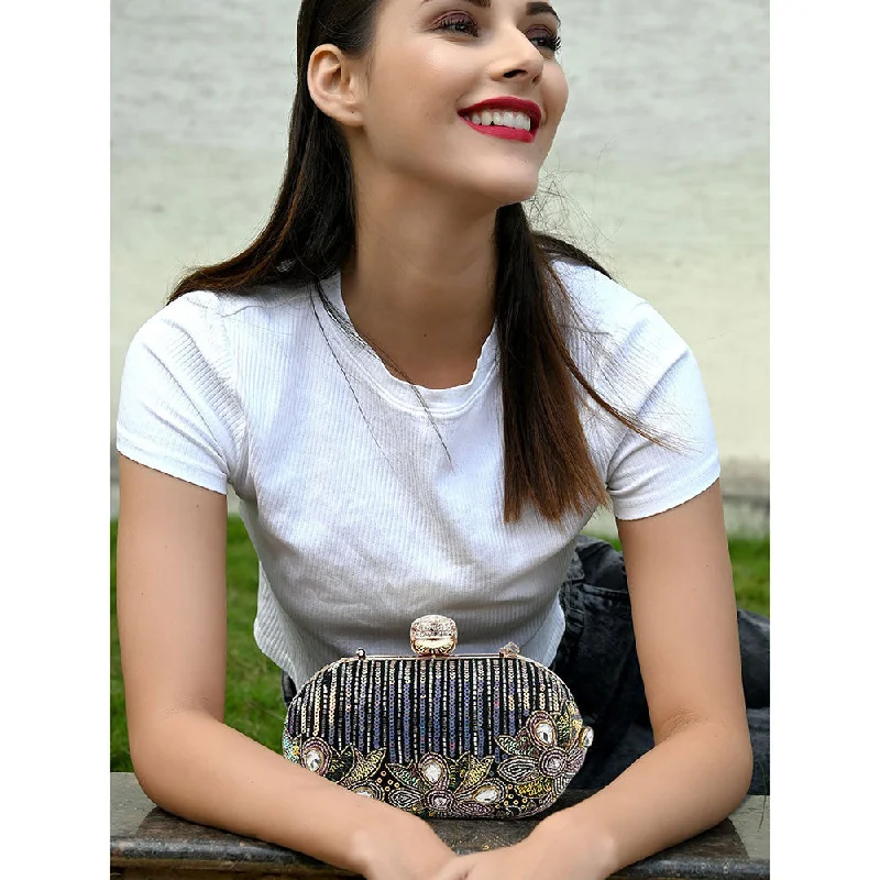 Women's Embroidered Silk Evening Bag in Navy for WeddingsOdette Silver Printed Clutches Women's Embroidered Silk Evening Bag in Navy for WeddingsOdette Silver Printed Clutches