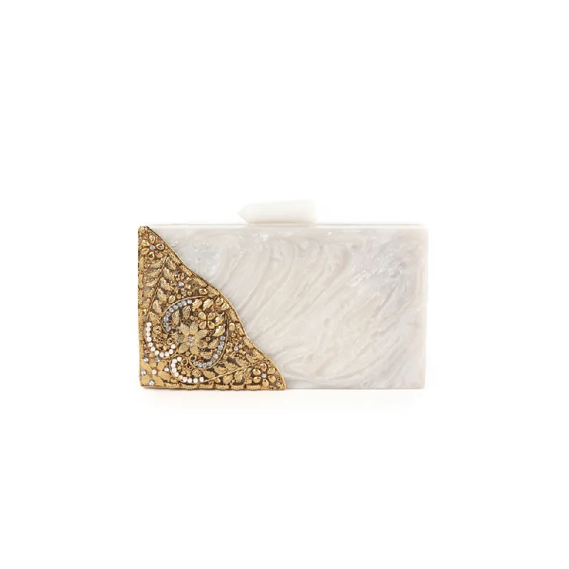Bejeweled Clutch in Purple for Opera PerformancesOdette White And Gold Resin Box Clutch For Women Bejeweled Clutch in Purple for Opera PerformancesOdette White And Gold Resin Box Clutch For Women
