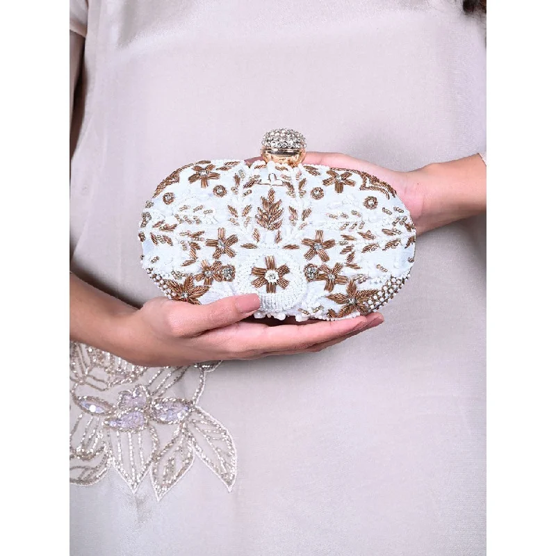 Lace - Trimmed Satin Clutch in Ivory for Garden WeddingsOdette White Embellished Clutch Bag For Women