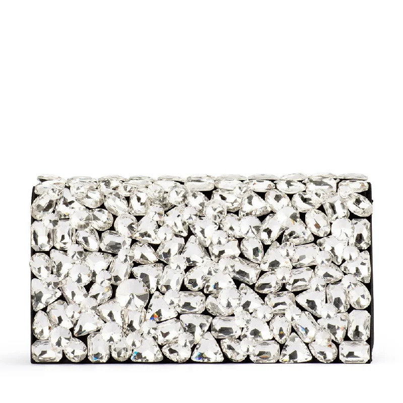 Leather Clutch with Chain Strap in Black for Cocktail PartiesRENATA Crystal Encrusted Clutch Leather Clutch with Chain Strap in Black for Cocktail PartiesRENATA Crystal Encrusted Clutch