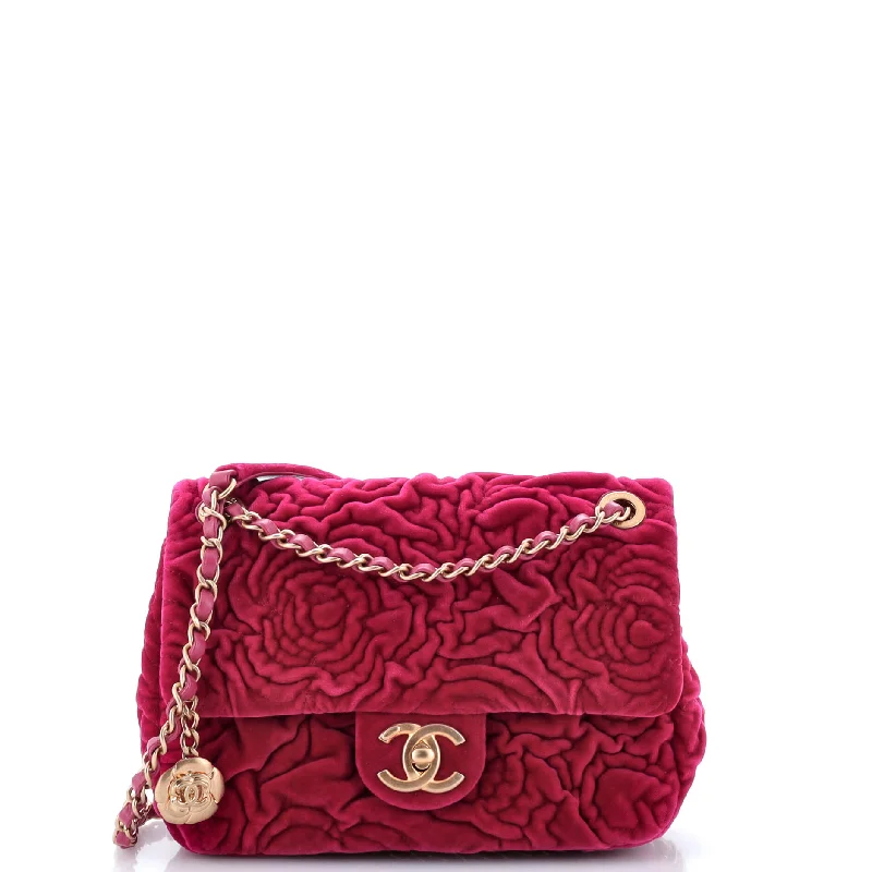 Metallic Crossbody Bag in Silver for New Year's Eve and Special CelebrationsSquare Classic Single Flap Bag Camellia Velvet Mini