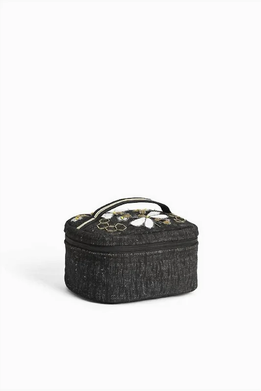 Leather - Trimmed Denim Crossbody Bag in Blue for a Vintage - Inspired LookWomen's Bee Brave Travel Make Up Bag In Black Leather - Trimmed Denim Crossbody Bag in Blue for a Vintage - Inspired LookWomen's Bee Brave Travel Make Up Bag In Black